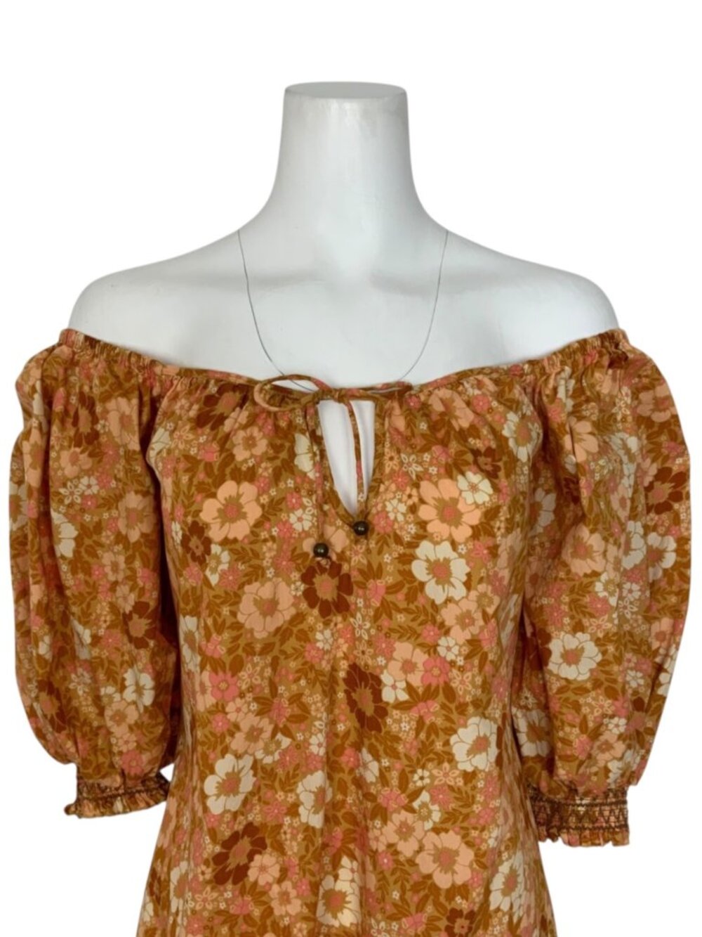 Spell and The Gypsy Anne Tunic Dress M Tan Floral Mini Off The Shoulder - Picture 11 of 16